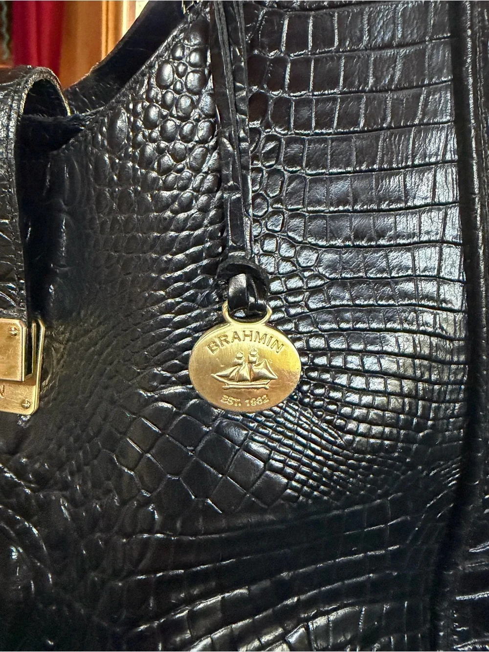Brahmin Black Croc-Embossed Leather Shoulder Hobo with Gold Hardware